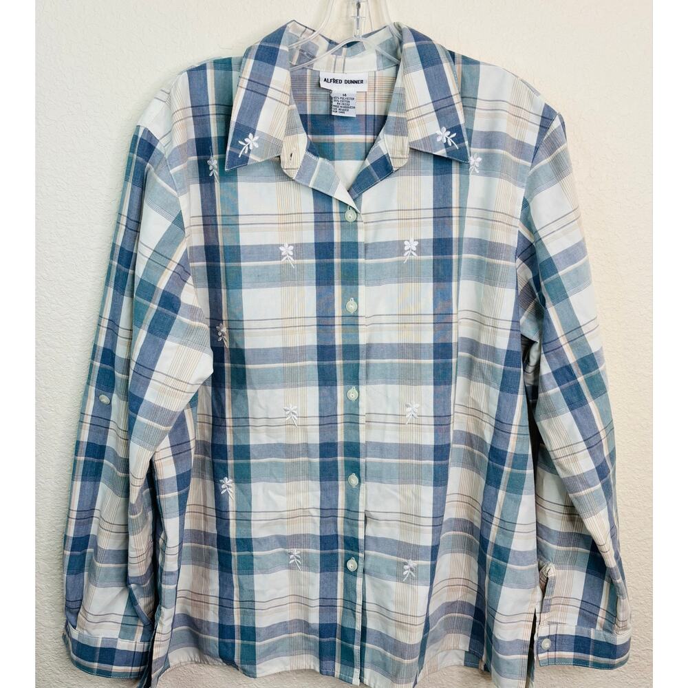 Alfred Dunner Long Sleeve Embroidered Flowers Plaid Button Up Blue Tan Women 14